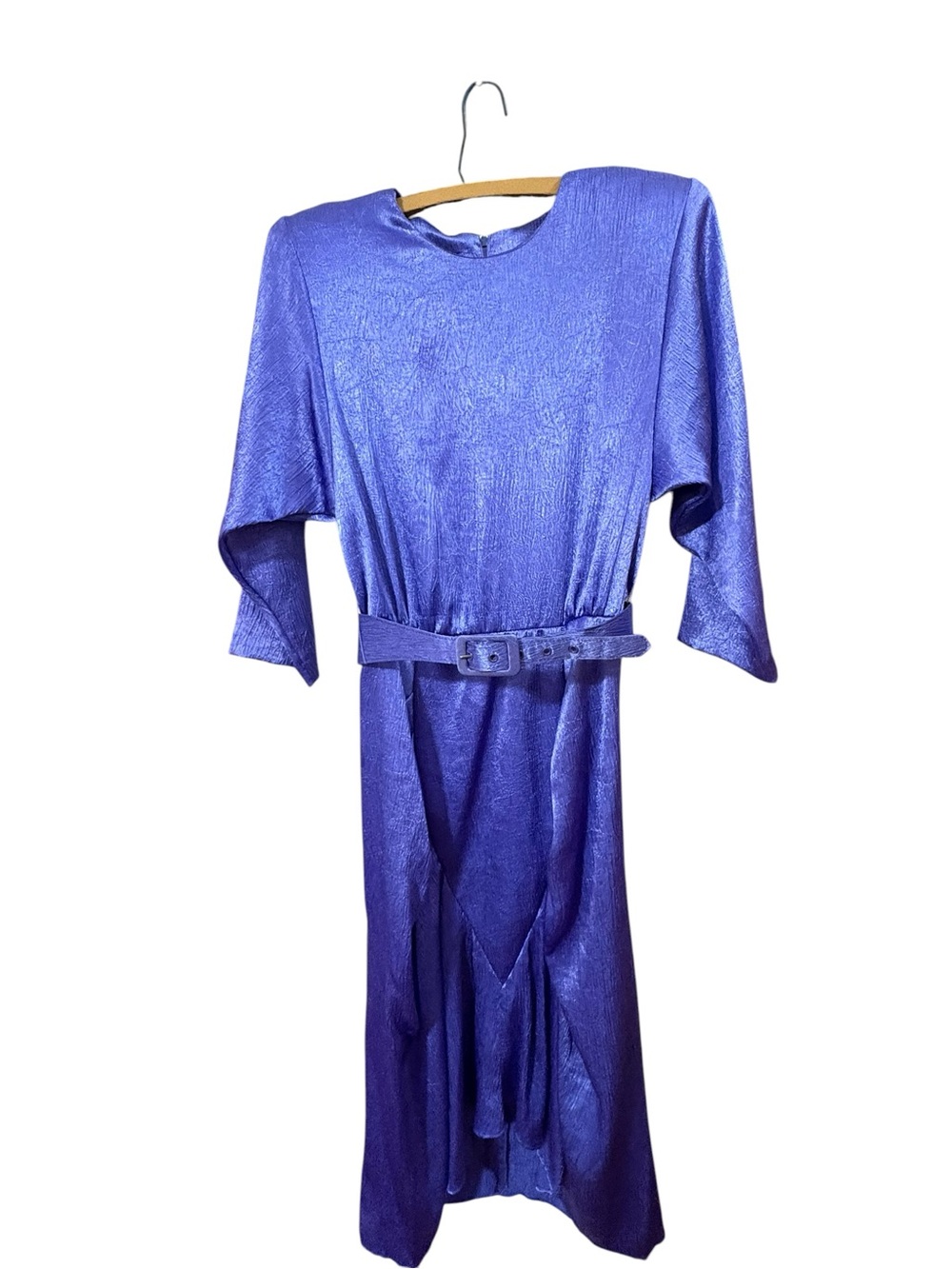 Vintage Laura Winston Purple Metallic Shoulder Pad Midi Dress Belted